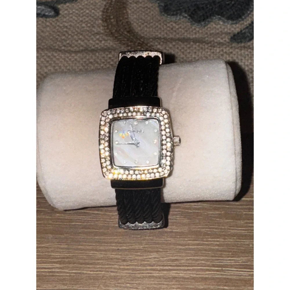 Chicos Square Crystal Accented Watch Black Cable Band Mother of Pearl Dial‎
